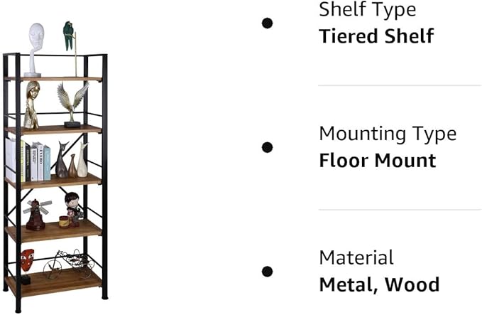 Rustic Bookshelf, 5 Tier Real Wood Bookshelf, Metal Book Shelf for Storage, Black Bookcase, 12.6" D x 23.62" W x 64.17" H - LeafyLoom