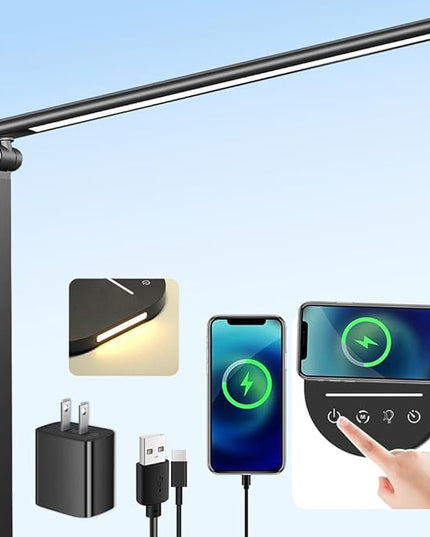 Clearance LED Desk Lamp with Wireless Charger for Home Office, Table Lamp with 2 Night Light for Bedroom, with USB Charging Port, 60min Timer AUTO-OFF, 5 Modes Dimmable Office Lamp, Adjustable, Black - LeafyLoom
