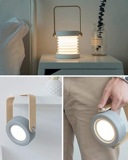 4-in-1 Foldable Table Lamp,USB Retractable LED Light,Wooden Handle Portable Lantern Light and Flashlight,Touch Control Dimmable 3 Level Brightness Night Light for Reading, Outdoor Camping (Grey) - LeafyLoom