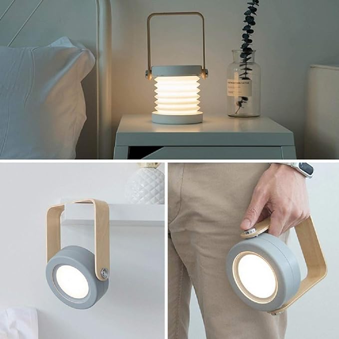 4-in-1 Foldable Table Lamp,USB Retractable LED Light,Wooden Handle Portable Lantern Light and Flashlight,Touch Control Dimmable 3 Level Brightness Night Light for Reading, Outdoor Camping (Grey) - LeafyLoom