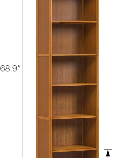 MoNiBloom Bamboo 7 Tier Free Standing Tall Bookcase Narrow Display Storage Shelves Collection Décor Furniture for Home Living Room Study Room, Brown - LeafyLoom