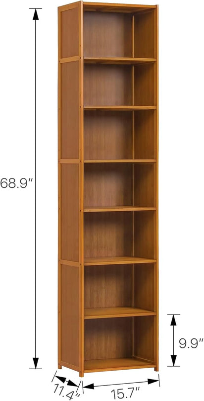 MoNiBloom Bamboo 7 Tier Free Standing Tall Bookcase Narrow Display Storage Shelves Collection Décor Furniture for Home Living Room Study Room, Brown - LeafyLoom
