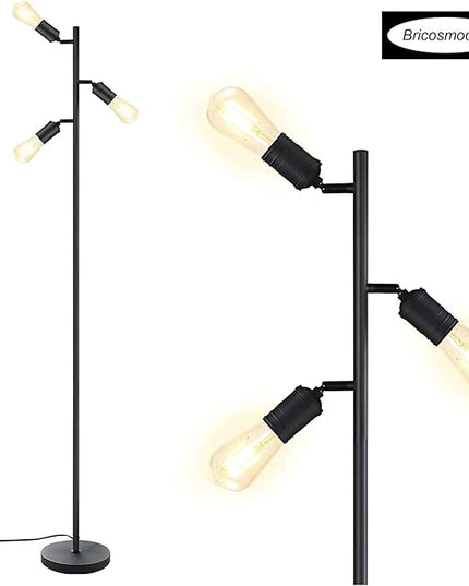 Industrial Floor Lamp, Standing Lamp, Tree Floor Lamp with 3 Adjustable Rotating Lights, E26 Edison Bulb Floor Lamp for Living Room, Bedroom, Home, Office(Bulb not Included) (Black) - LeafyLoom