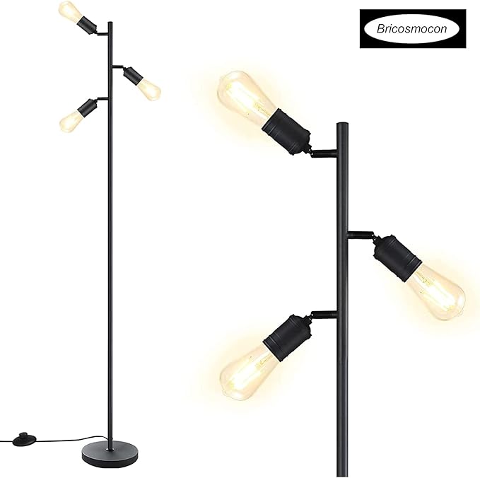 Industrial Floor Lamp, Standing Lamp, Tree Floor Lamp with 3 Adjustable Rotating Lights, E26 Edison Bulb Floor Lamp for Living Room, Bedroom, Home, Office(Bulb not Included) (Black) - LeafyLoom