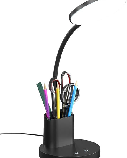Desk Lamp, LED Desk Lamp for Home Office, Touch Table Lamp with 3 Color Modes 360° Adjustable Arm, Dimmable Desk Light with Pen Phone Holder, Black - LeafyLoom