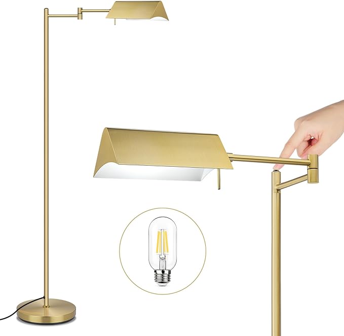 Mlambert Reading Floor Lamp,LED Pharmacy Lamp with Swing Arm,Swivel Head Adjustable Standing Lamp,E26 Base,Corner Lamp for Livingroom,Sewing(Brass) - LeafyLoom