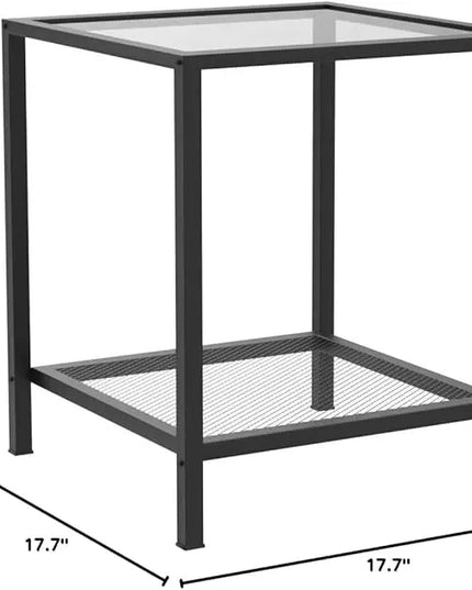 SAYGOER Black Side Table Small Glass End Table 2-Tier Narrow Square Bed Side Table Sofa Small Leisure Table with Black Metal Frane for Living Room Bedroom Balcony Patio, Black Glass - LeafyLoom
