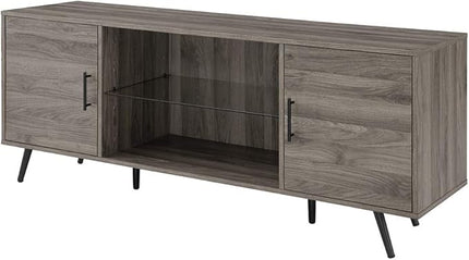 Walker Edison Saxon Mid Century Modern Glass Shelf TV Stand for TVs up to 65 Inches, 60 Inch, Slate Grey - LeafyLoom