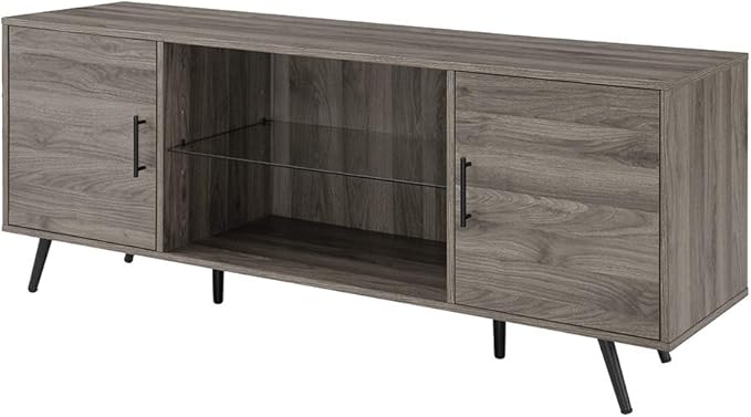 Walker Edison Saxon Mid Century Modern Glass Shelf TV Stand for TVs up to 65 Inches, 60 Inch, Slate Grey - LeafyLoom