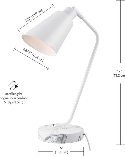 Globe Electric 52295 Belmont 17" Desk Lamp, Matte White, White Faux Marble Base, 2.1A USB Port, On Off Rocker Switch at Base - LeafyLoom