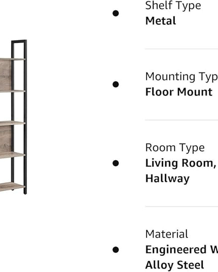VASAGLE 5-Tier Bookshelf, Book Shelf, Industrial Bookcase, with Steel Frame, for Living Room, Home Office, Bedroom, 9.4 x 24.4 x 65 Inches, Greige and Black ULLS025B02 - LeafyLoom