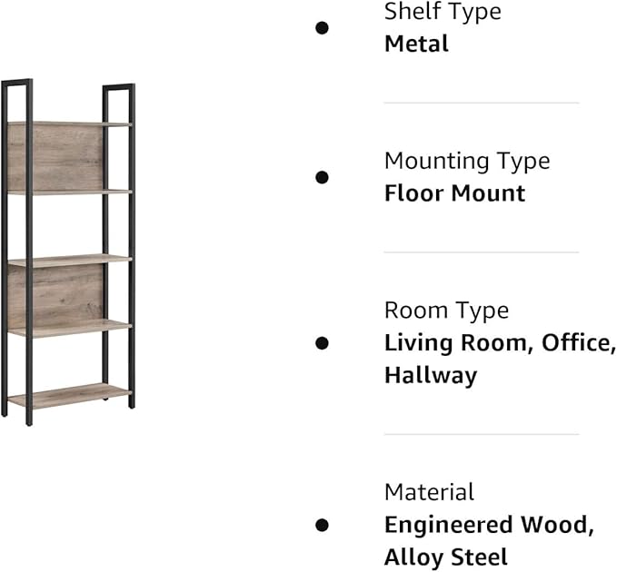 VASAGLE 5-Tier Bookshelf, Book Shelf, Industrial Bookcase, with Steel Frame, for Living Room, Home Office, Bedroom, 9.4 x 24.4 x 65 Inches, Greige and Black ULLS025B02 - LeafyLoom