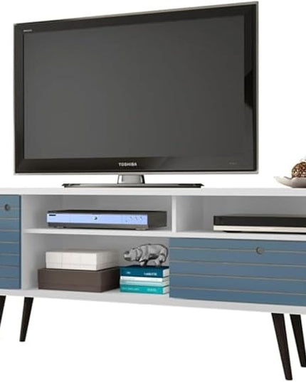 Manhattan Comfort Liberty Mid Century Modern TV Stand for Televisions up to 65 Inches, Bedroom and Living Room Entertainment Center with Storage, Shelves, and Cabinet, 71" Wide, White and Aqua Blue - LeafyLoom