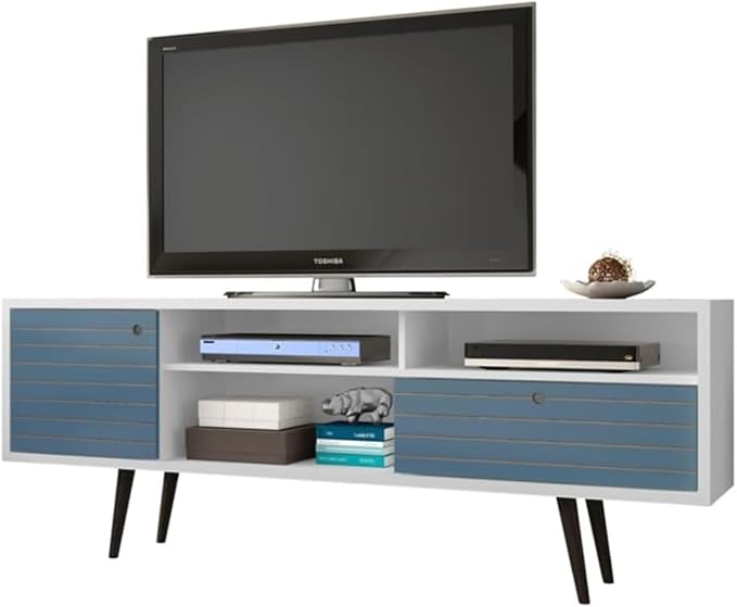 Manhattan Comfort Liberty Mid Century Modern TV Stand for Televisions up to 65 Inches, Bedroom and Living Room Entertainment Center with Storage, Shelves, and Cabinet, 71" Wide, White and Aqua Blue - LeafyLoom