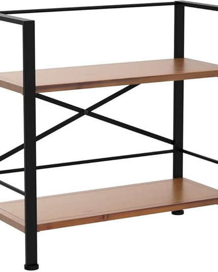 Rustic Bookshelf, 2 Tier Real Wood Bookshelf, Metal Book Shelf for Storage, Black Bookcase, 12.6" D x 23.62" W x 22.83" H - LeafyLoom