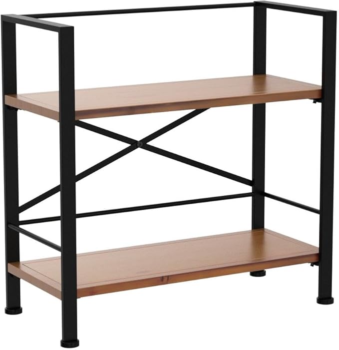 Rustic Bookshelf, 2 Tier Real Wood Bookshelf, Metal Book Shelf for Storage, Black Bookcase, 12.6" D x 23.62" W x 22.83" H - LeafyLoom