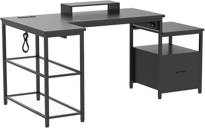 Aheaplus L Shaped Desk with Power Outlet, Standing Home Office Desk with Lift Top and File Drawer, 63'' Corner Computer Desk with Monitor Stand&Printer Shelves, Gaming Desk with Led Lights, Black - LeafyLoom