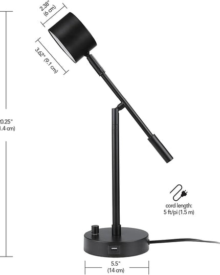 Globe Electric 52271 Aristocrat 16" Integrated LED Swing Arm Desk Lamp, Matte Black, Dimmable On/Off Rotary Switch at Base, 2.1A USB Port - LeafyLoom