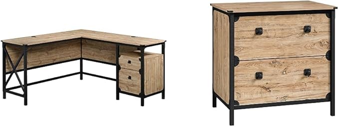 Sauder Steel River L-Shaped Desk (59.84" x 57.32" x 29.53") Steel River Lateral File (30.08" x 20.75" x 29.53") Bundle, Milled Mesquite Finish - LeafyLoom