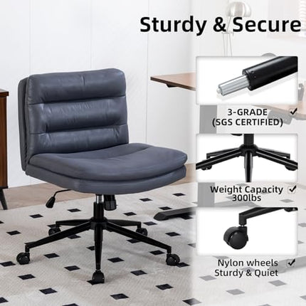 Armless Office Chair with Wheels Wide Desk Chair Leather Mid Back Accent Chair Padded Swivel Vanity Chair for Girl Women Computer Task Chair for Home Office (Suede Fabric, Gray&Blue) - LeafyLoom