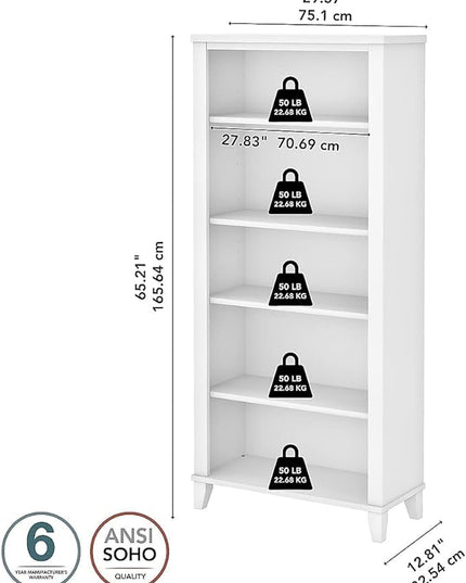 Bush WC81965 Somerset 5-Shelf 65-Inch H Bookcase, White - LeafyLoom