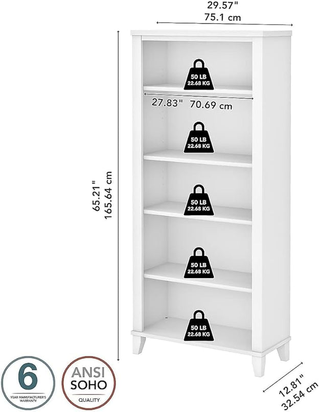 Bush WC81965 Somerset 5-Shelf 65-Inch H Bookcase, White - LeafyLoom