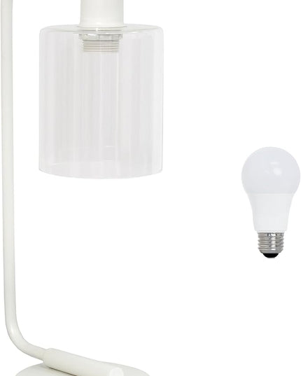Simple Designs LD1036-WHT-LB 18.8" Industrial Bronson Antique Style Iron Lantern Desk Table Lamp with Glass Shade for Home Décor, Office, Living Room, Bedroom, White, with Feit LED Bulb Included - LeafyLoom