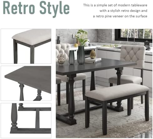 6-Piece Wooden Rectangular Dining Set with 4 Bench, Table with Special-Shaped Legs, Four Fabric Upholstered Tufted Chairs,Modern Industrial Style (Gray) - LeafyLoom