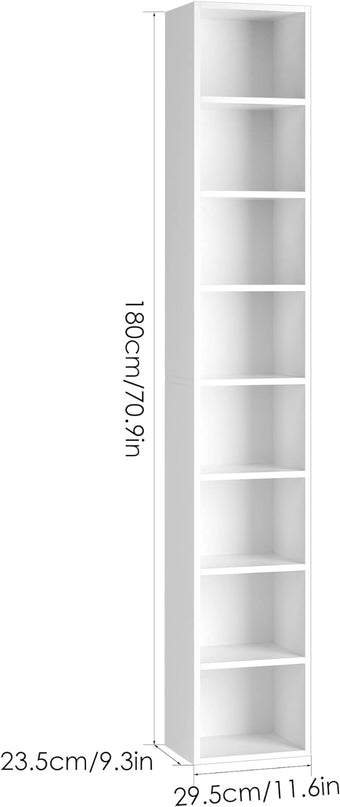 FOTOSOK 8-Tier Media Tower Rack, 11.6 X 9.3 X 70.9 Inches CD DVD Slim Storage Cabinet with Adjustable Shelves, Tall Narrow Bookcase Display Bookshelf for Home Office, white - LeafyLoom
