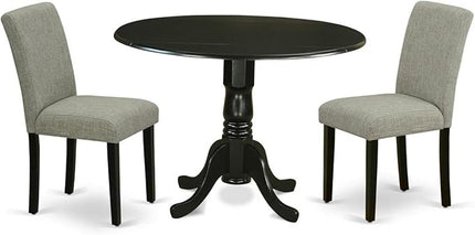 East West Furniture DLAB3-BLK-06 3 Piece Dinette Set for Small Spaces Contains a Round Dining Table with Dropleaf and 2 Shitake Linen Fabric Upholstered Chairs, 42x42 Inch, Black - LeafyLoom