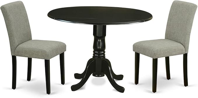 East West Furniture DLAB3-BLK-06 3 Piece Dinette Set for Small Spaces Contains a Round Dining Table with Dropleaf and 2 Shitake Linen Fabric Upholstered Chairs, 42x42 Inch, Black - LeafyLoom
