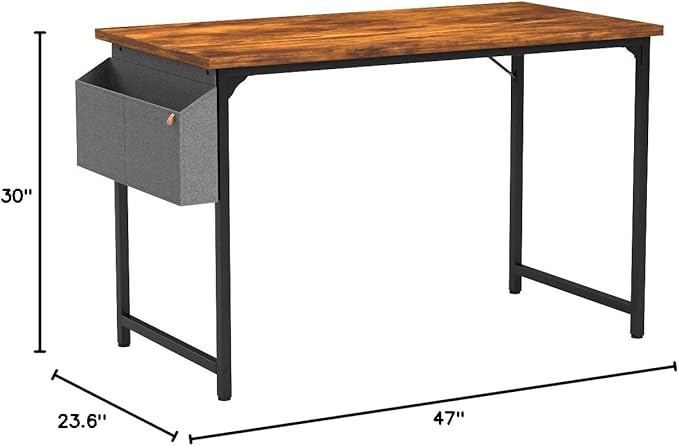 CubiCubi Study Computer Desk 47" Home Office Writing Small Desk, Modern Simple Style PC Table, Black Metal Frame, Rustic Brown - LeafyLoom