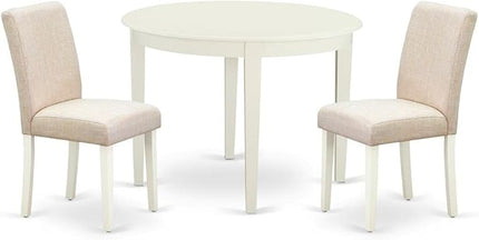 East West Furniture BOAB3-LWH-02 Boston 3 Piece Kitchen Set for Small Spaces Contains a Round Dining Room Table and 2 Light Beige Fabric Upholstered Chairs, Linen White, 42x42 Inch - LeafyLoom