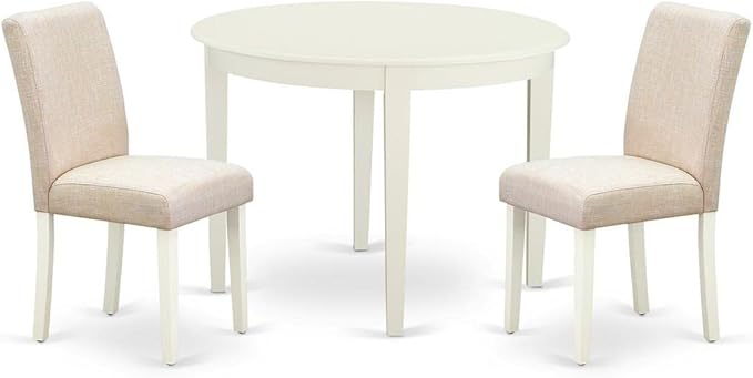 East West Furniture BOAB3-LWH-02 Boston 3 Piece Kitchen Set for Small Spaces Contains a Round Dining Room Table and 2 Light Beige Fabric Upholstered Chairs, Linen White, 42x42 Inch - LeafyLoom