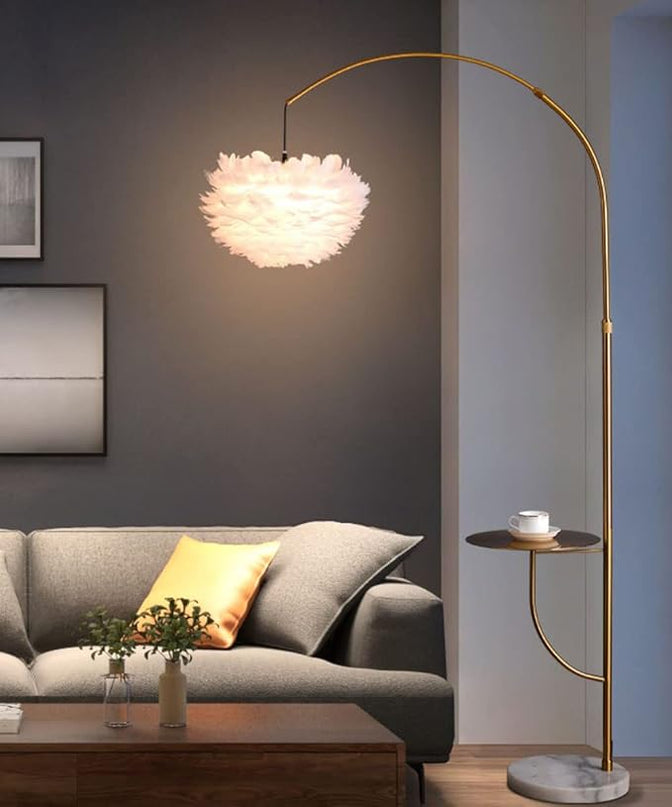 White Feather Floor Lamp with Table,Great Floor Light Height Adjustable (Gold) - LeafyLoom