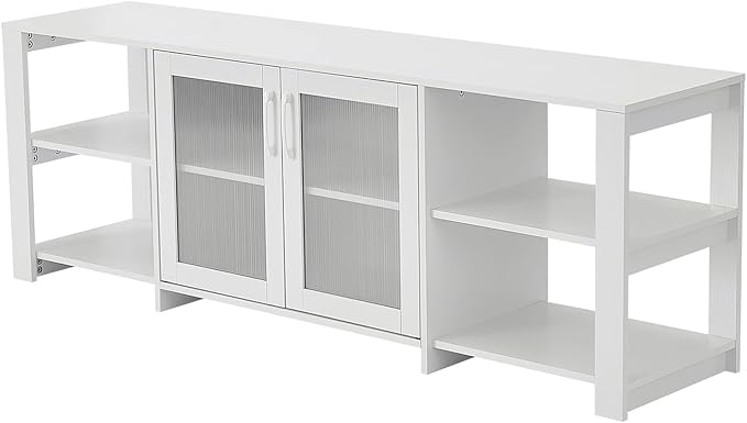 Panana TV Stand Television Stands Cabinet with 2 Doors 4 Open Cubby Storage Cabinets for Living Room Bedroom for TVs up to 70 Inches (White, 62.99 inch) - LeafyLoom