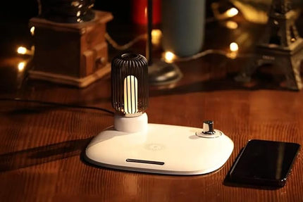 Bedside Desk Table Lamp LED with Wireless Charger Night Sleep Light Mode Dimmable Control Rotary Switch Rustic Simple Rotary Switch Metal Lamps cage QI Fast Charging Pad (White) - LeafyLoom