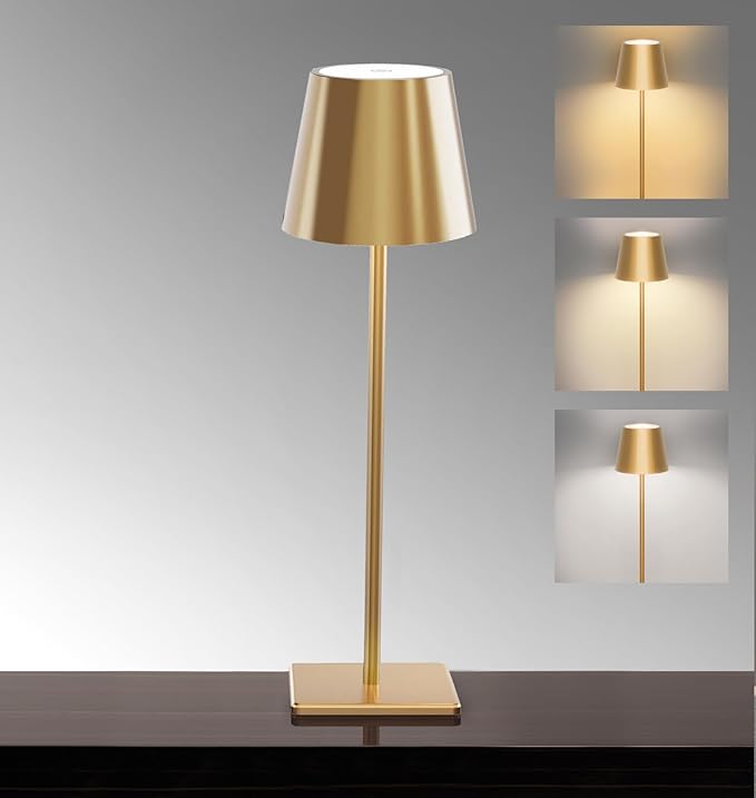 5200mAh Battery Operated Lamp, Cordless Table lamp with 3 Colors Stepless Dimming,IP54 Waterproof Outdoor Lamp for Restaurant/Dinner/Bedroom/Outdoor(Gold-1) - LeafyLoom
