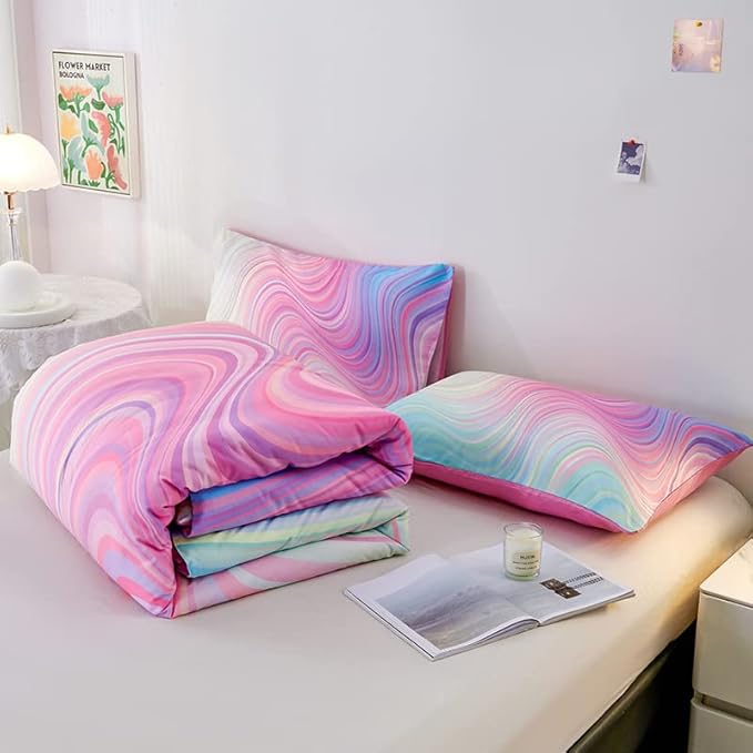 Girls Pink Comforter Twin,Pink Bedding Set for Girls,Tie Dye Comforter Set,Kids Comforter Set for Girls,Blue Pink Teen Comforter Twin with 2 Pink Pillowcases,Rainbow Comforter Set - LeafyLoom