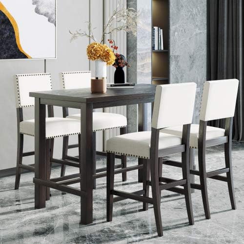 5-Piece Furniture, Wooden Rectangular Dining Table Set with 4 Upholstered Backrest Chairs Family for Kitchen, Black and Beige - LeafyLoom