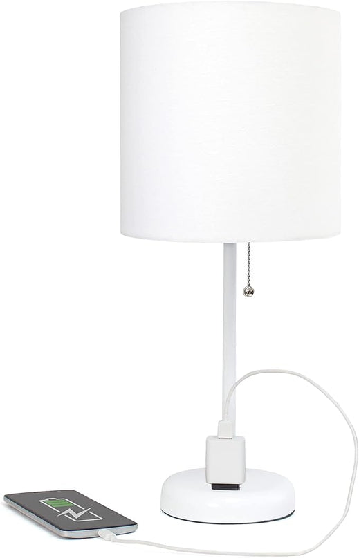 Simple Designs LT1144-WOW Sleek and Slender White Table Lamp with Charging Outlet for Bedroom, Living Room, Entryway, Office, Dining Room, Study, White Shade - LeafyLoom