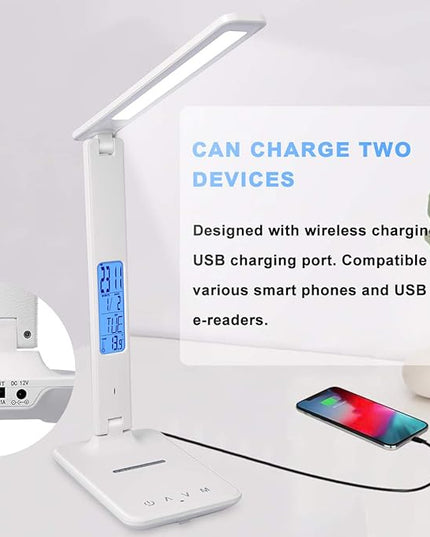 LED Desk Lamp, Desk Lamp with Wireless Charger, Suitable for Home, Office Dimmable Desk Lamp, with USB Charging Port, Built-in Clock, Calendar, Thermometer and Automatic Timing Reading Desk Lamp. - LeafyLoom