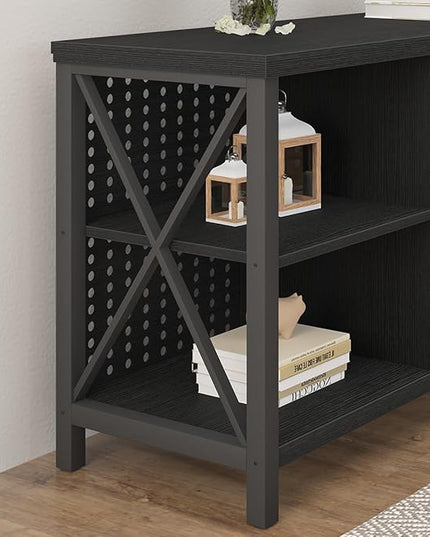 LVB Black Entertainment Center, Modern Wood Metal TV Stand for 65 Inch TV, Industrial Television Stands with Cabinet Storage, Farmhouse Media Console Tables for Home Living Bedroom, Black Oak, 55 Inch - LeafyLoom