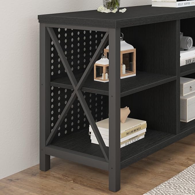 LVB Black Entertainment Center, Modern Wood Metal TV Stand for 65 Inch TV, Industrial Television Stands with Cabinet Storage, Farmhouse Media Console Tables for Home Living Bedroom, Black Oak, 55 Inch - LeafyLoom