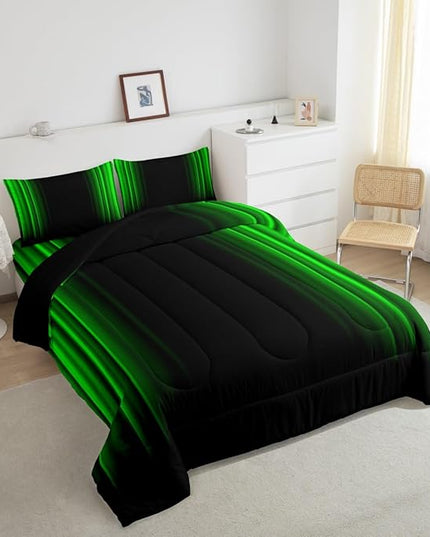 Feelyou Geometric Abstract Ombre Bedding Bed Set Men Adults Teens Green and Black Striped Comforter Set Kids Boys Girls Simple Modern Comforter Inner Fill Bedroom Collection 3Pcs Queen Size - LeafyLoom