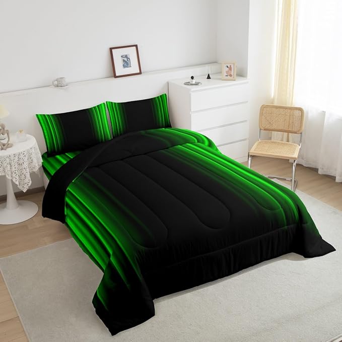 Feelyou Geometric Abstract Ombre Bedding Bed Set Men Adults Teens Green and Black Striped Comforter Set Kids Boys Girls Simple Modern Comforter Inner Fill Bedroom Collection 2Pcs Twin Size - LeafyLoom
