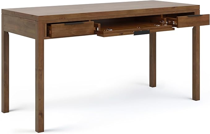 SIMPLIHOME Hollander SOLID WOOD 60 inch Wide Home Office Desk, Writing Table, Workstation, Study Table Furniture in Medium Saddle Brown with 2 Drawers - LeafyLoom