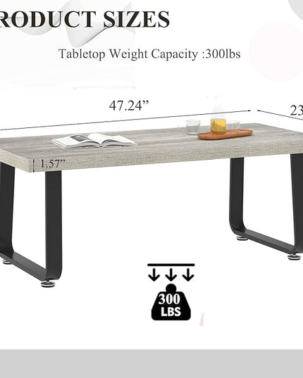 HSH Industrial Coffee Table, Modern Minimalist Center Table, Wooden Rectangle Living Room Table for Small Space, Farmhouse Wood and Metal Tea Table for Home Bedroom Office, Light Grey Oak, 47 in - LeafyLoom