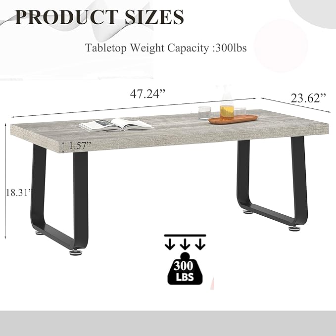 HSH Industrial Coffee Table, Modern Minimalist Center Table, Wooden Rectangle Living Room Table for Small Space, Farmhouse Wood and Metal Tea Table for Home Bedroom Office, Light Grey Oak, 47 in - LeafyLoom