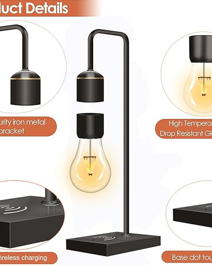 Magnetic Levitating Light Bulb with Luxury Wireless Charging Pad (Apple/Android) Levitation Plastic Black Floating Table Lamp White LED Night Light for Bedrooms Desk Toys Office Gifts - LeafyLoom